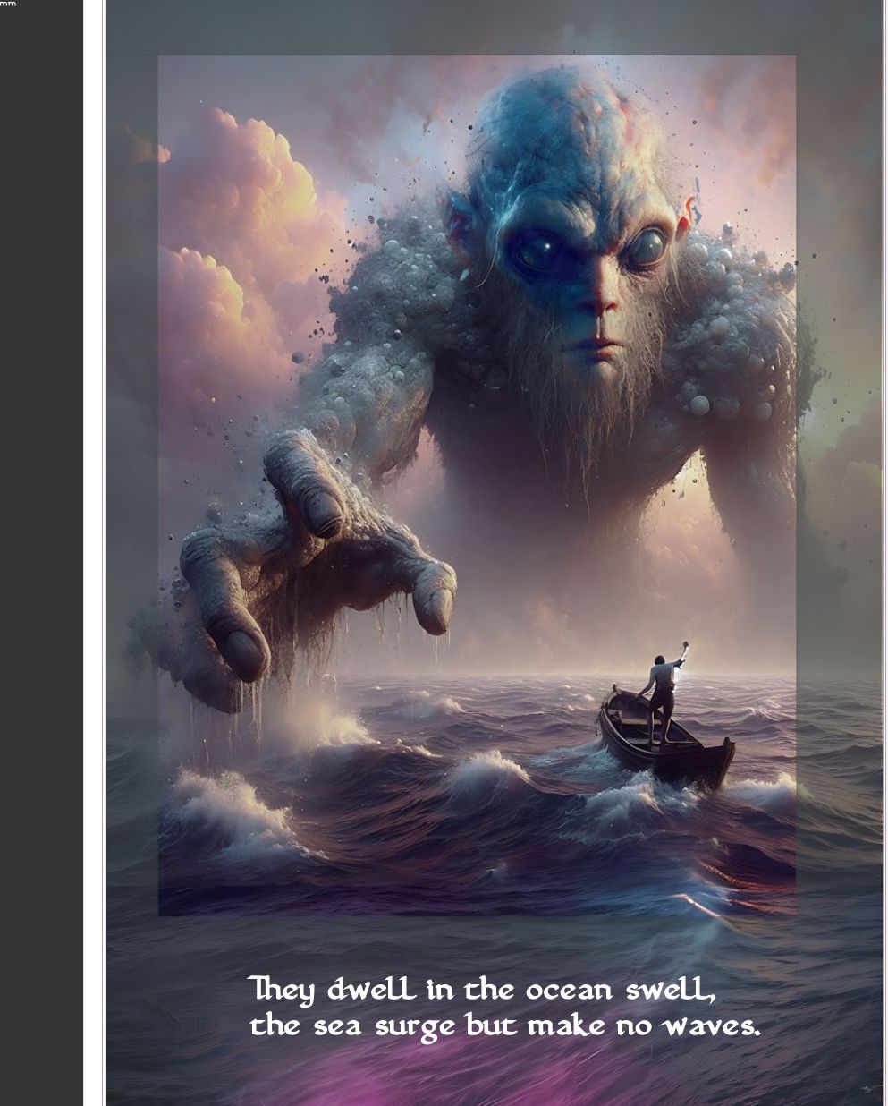 page 10, a very large giant looming over the ocean reaching out to grab a man in a small boat