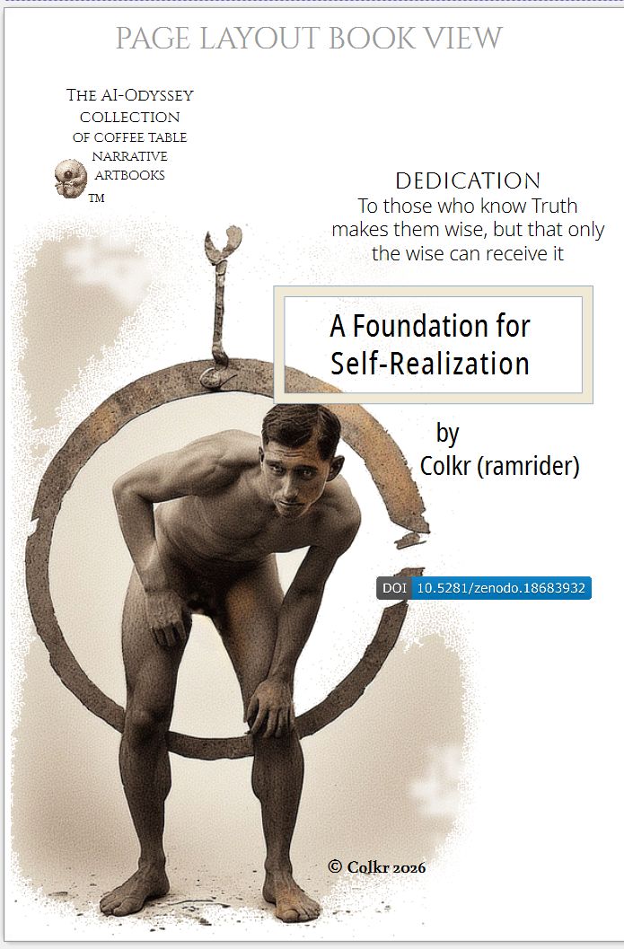 Opening titles page, with dedication and image of a man bent forward from the waist with right hand on hip and left hand on left knee. His head is raised looking at the reader. He is Caucasion with a hair style of the 1950's America and completely naked though his genital area is obscured by heavy shadow. There is a flattened metal ring that frames him circling right above his head to the back of his knees. It's heald up by a chain. The color palatte is a monochromatic pastel bronze.