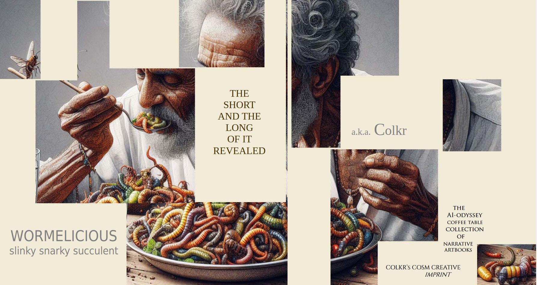 Book cover of an elderly Indian man enjoying a plate of worms with some being lifted by his spoon. The image is 'shattered' into pieces pulled apart so title, author and other inform can fit between.