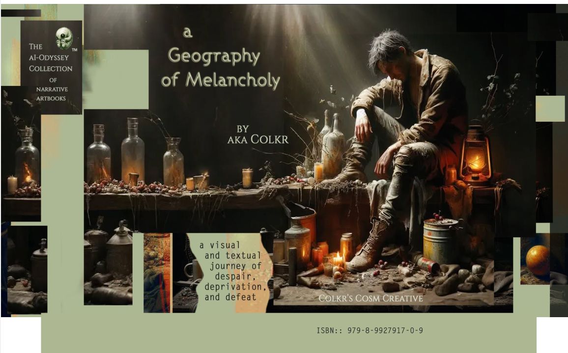 cover for the artbook of a young man sitting in a dark room, oil lamp lit, and with head drooped and leg jacked with a long narrow table running away from him where 4 bottles--with some unknown substance contained in each--sit in a straight line